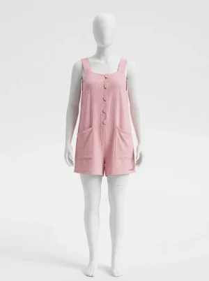 Combishort gaze de coton boutonné poches décontracté femme - Vue 1 - Combishort
