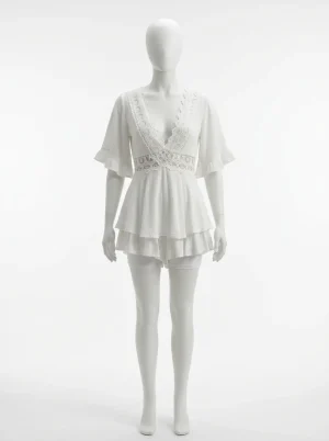 Combishort gaze de coton dentelle romantique femme - Vue 1 - Combishort