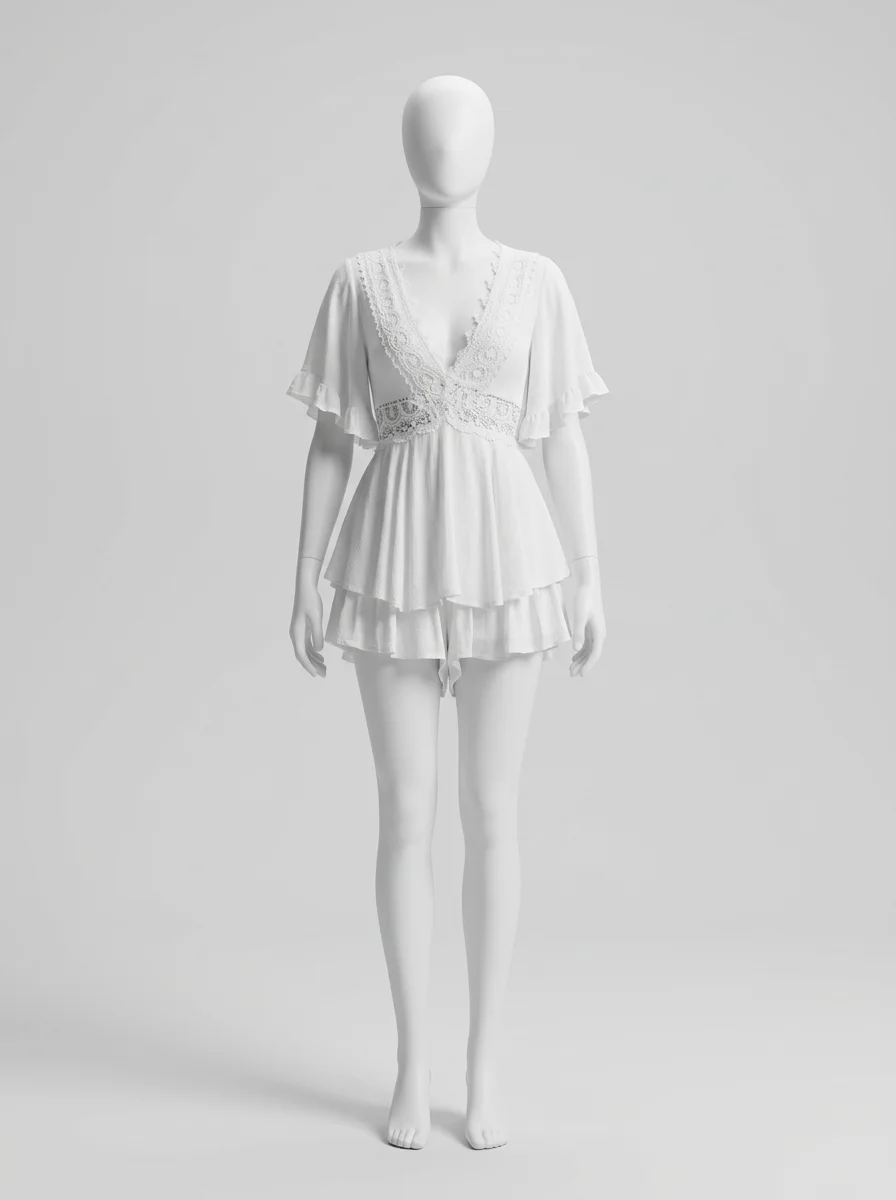 Combishort gaze de coton dentelle romantique femme - Vue 6 - Combishort