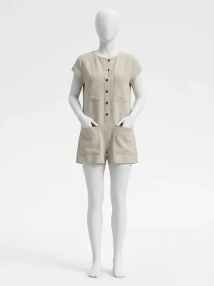 Combishort lin coton boutonné vacances décontracté femme - Vue 1 - Combishort