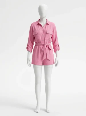 Combishort poly-coton texturé boutonné élégant femme - Vue 1 - Combishort